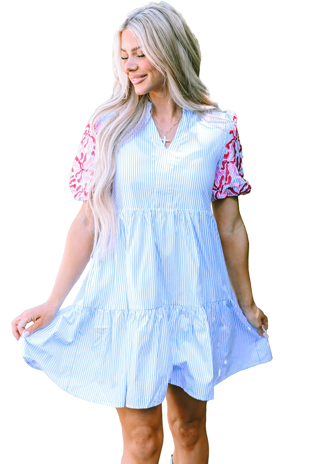 Sky Blue Stripe Floral Puff Sleeve Ruffle Tiered Dress
