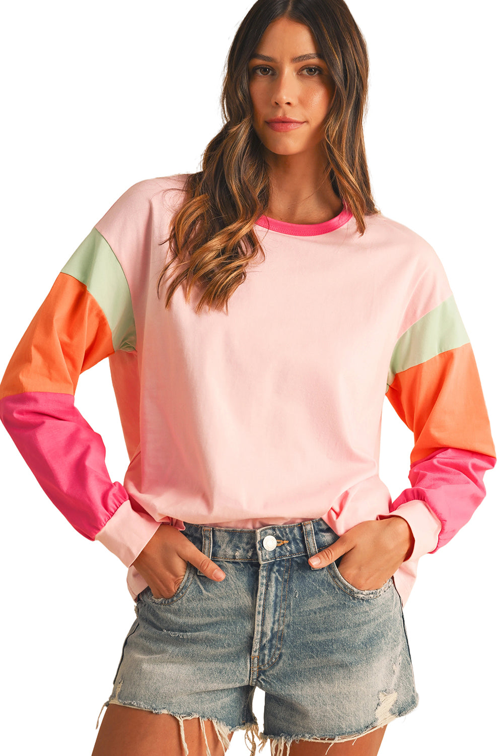Green Color Block Sleeve Loose Fit Top