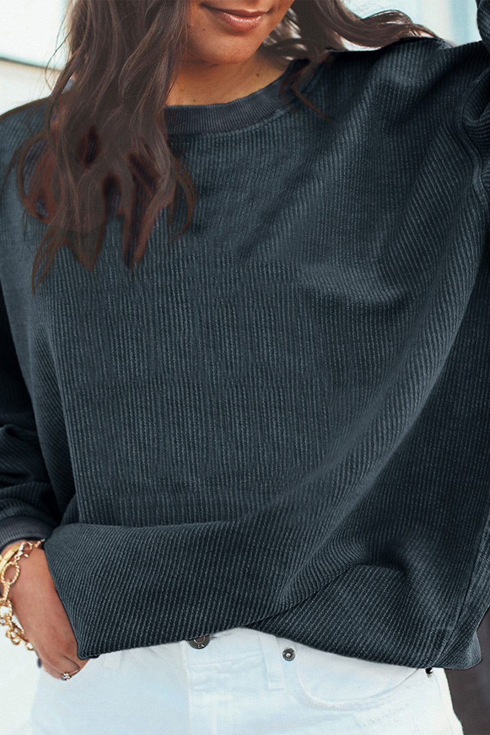 Dark Grey Drop Sleeve Crinkle Rib Oversized Sweatshirt