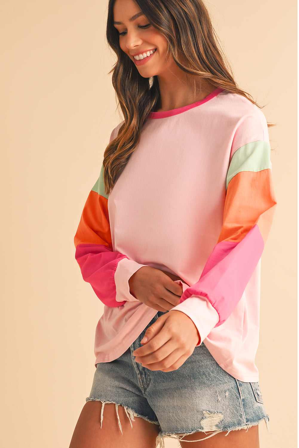 Green Color Block Sleeve Loose Fit Top
