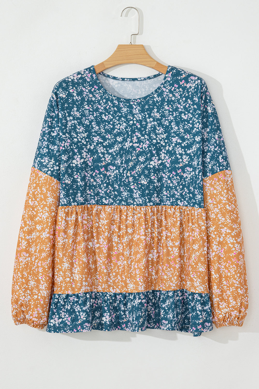 Blue Ditsy Floral Color Block Ruffle Hem Long Sleeve Top