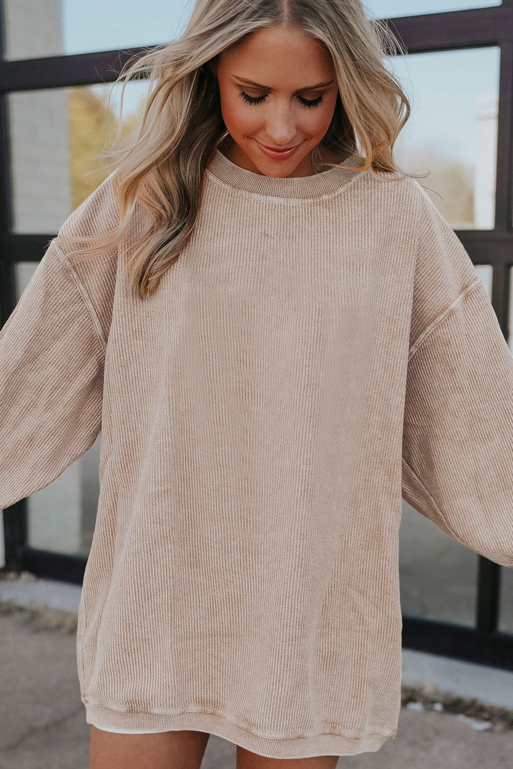 Dark Grey Drop Sleeve Crinkle Rib Oversized Sweatshirt