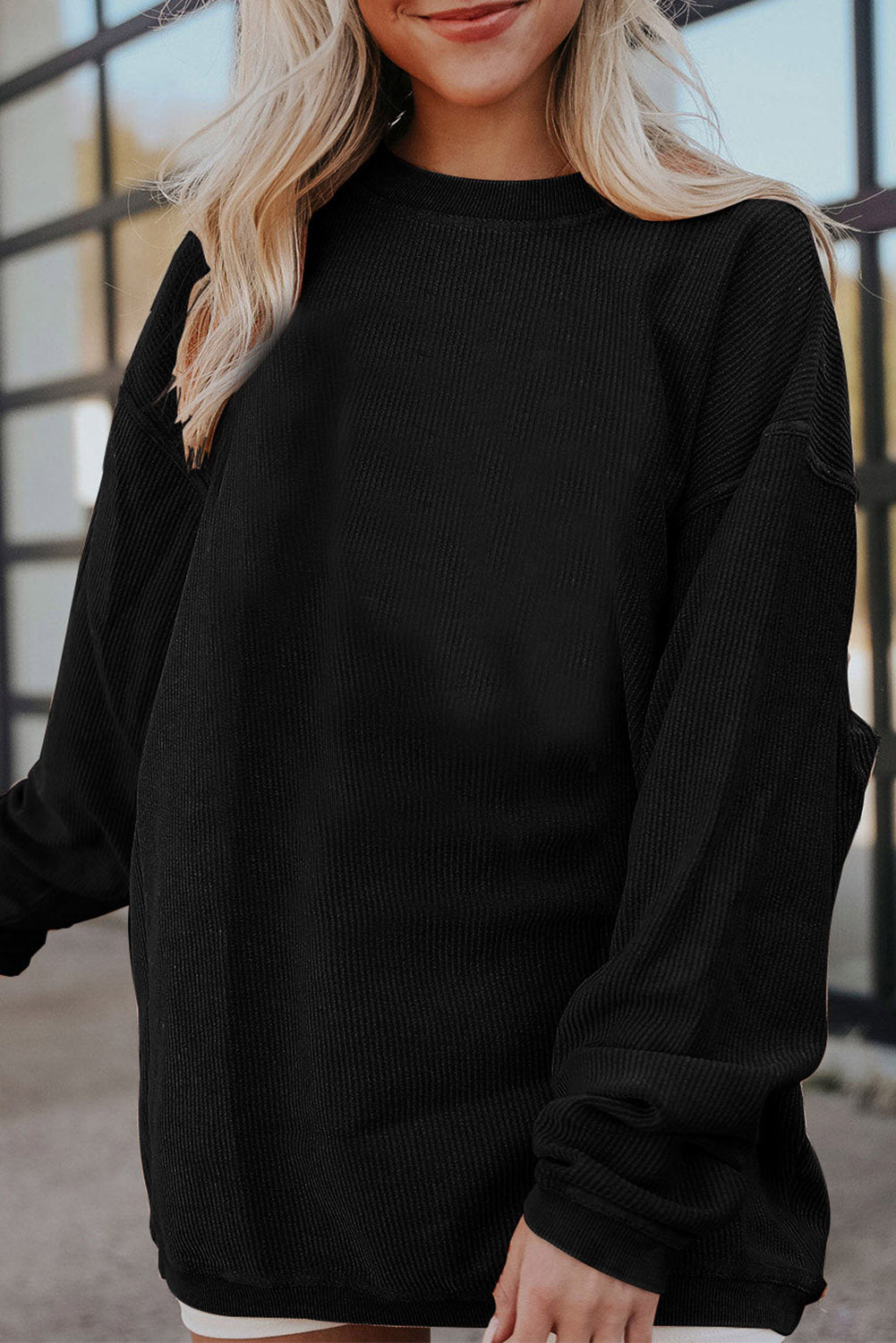 Dark Grey Drop Sleeve Crinkle Rib Oversized Sweatshirt