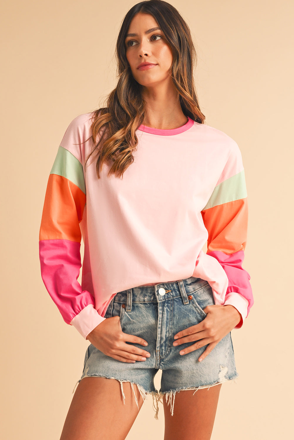Green Color Block Sleeve Loose Fit Top