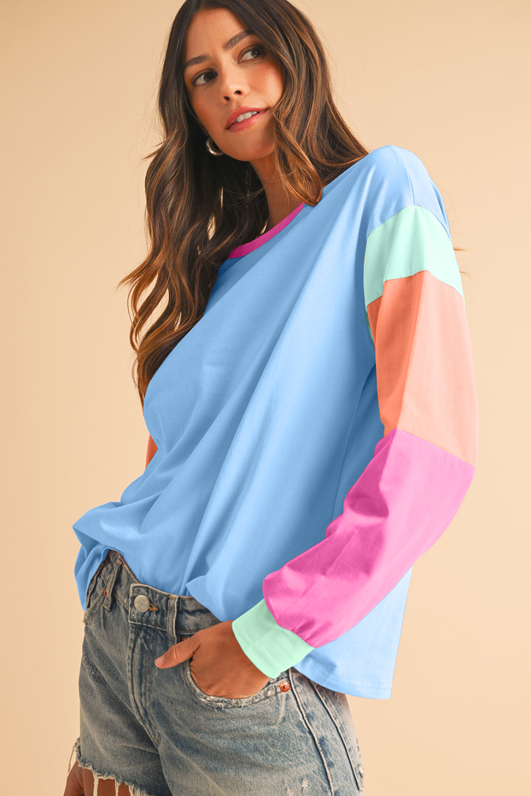 Green Color Block Sleeve Loose Fit Top