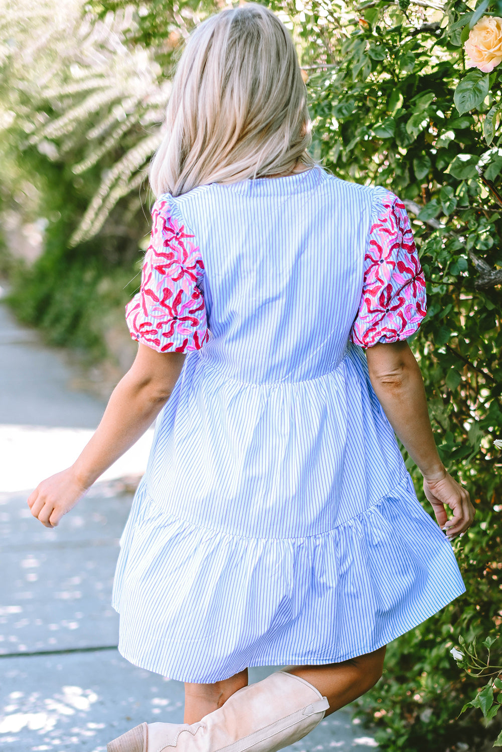 Sky Blue Stripe Floral Puff Sleeve Ruffle Tiered Dress