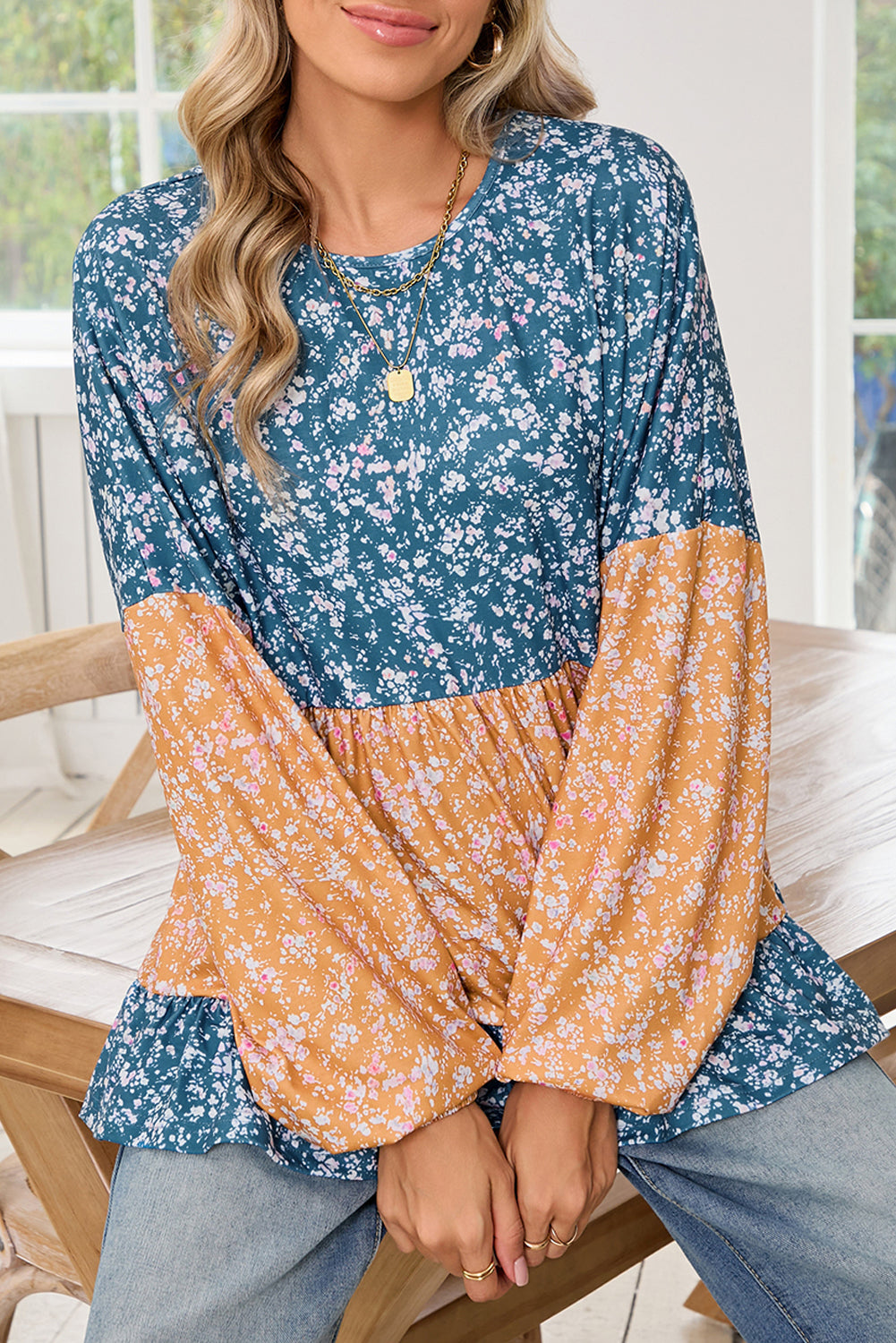 Blue Ditsy Floral Color Block Ruffle Hem Long Sleeve Top