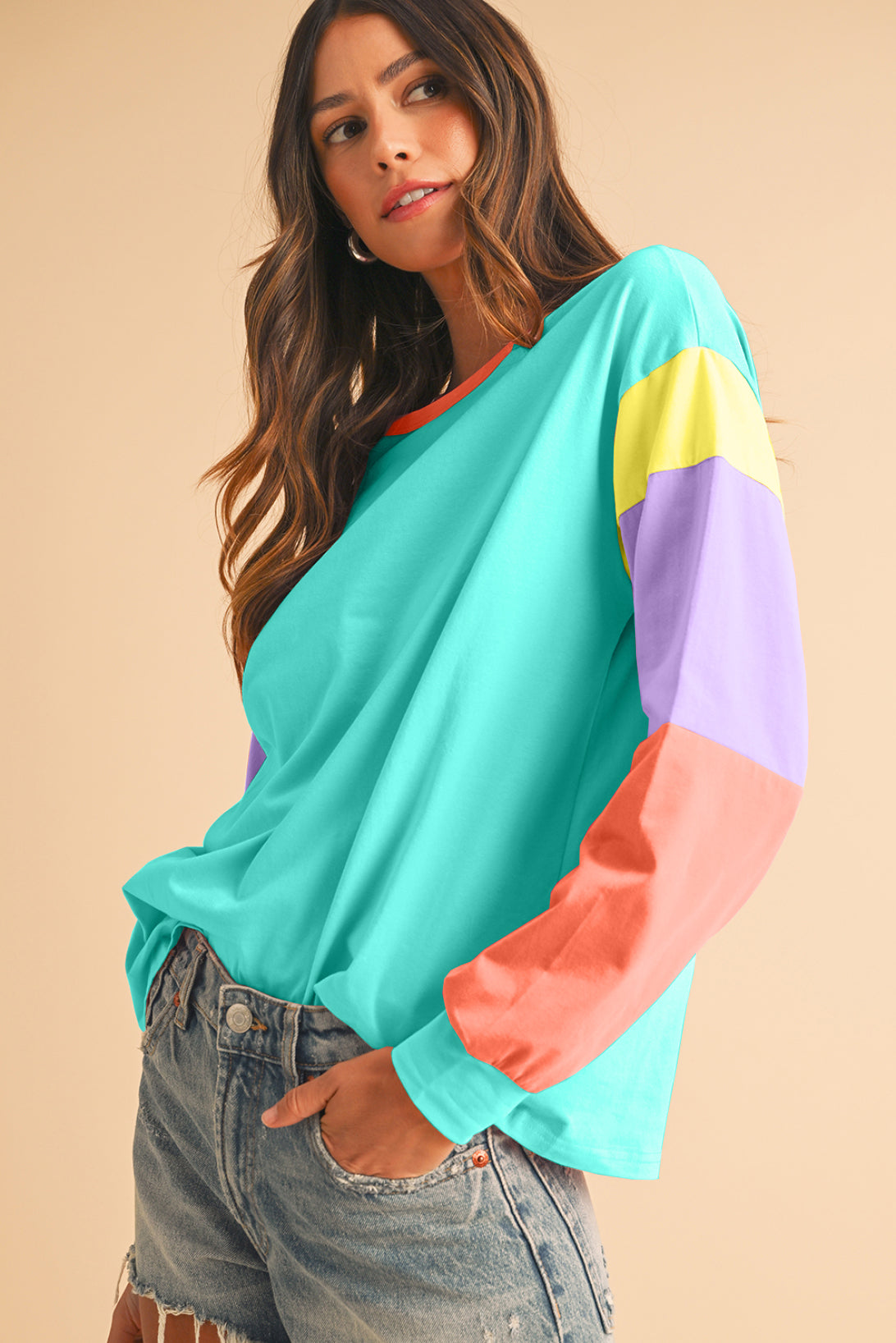 Green Color Block Sleeve Loose Fit Top