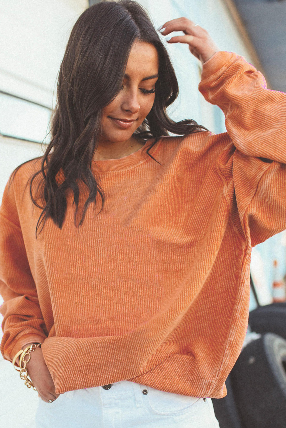 Dark Grey Drop Sleeve Crinkle Rib Oversized Sweatshirt