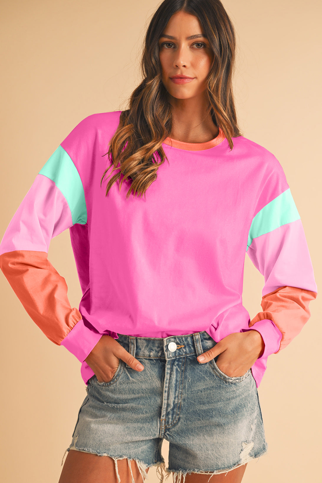 Green Color Block Sleeve Loose Fit Top