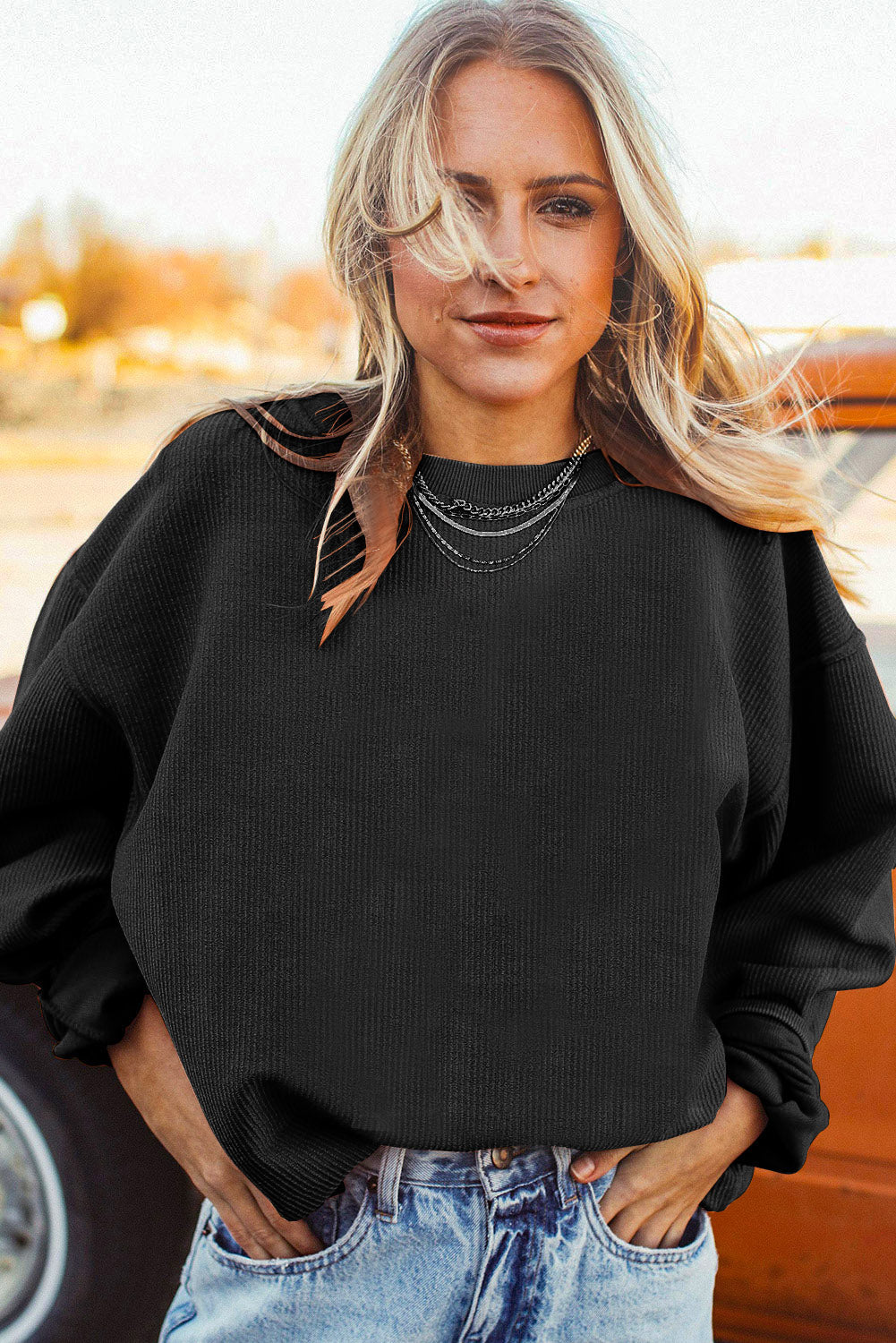 Dark Grey Drop Sleeve Crinkle Rib Oversized Sweatshirt