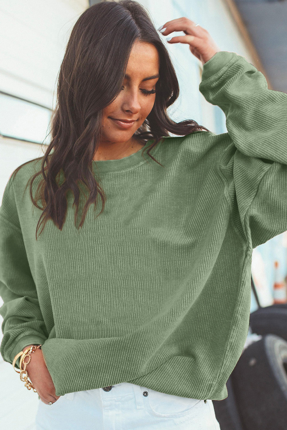 Dark Grey Drop Sleeve Crinkle Rib Oversized Sweatshirt