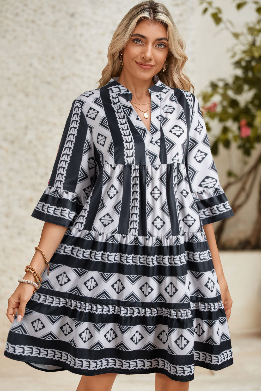 Black Abstract Print Bell Sleeve V Neck Boho Dress Black / XL Black Abstract Print Bell Sleeve V Neck Boho Dress Black / XL