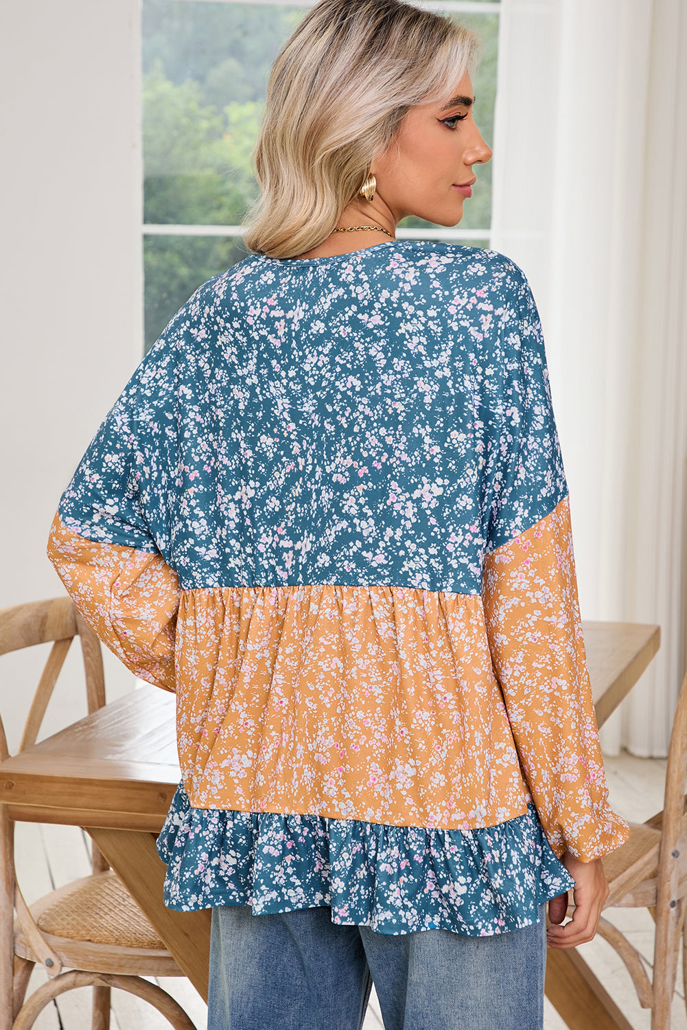Blue Ditsy Floral Color Block Ruffle Hem Long Sleeve Top