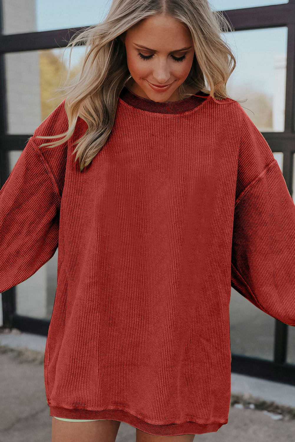 Dark Grey Drop Sleeve Crinkle Rib Oversized Sweatshirt