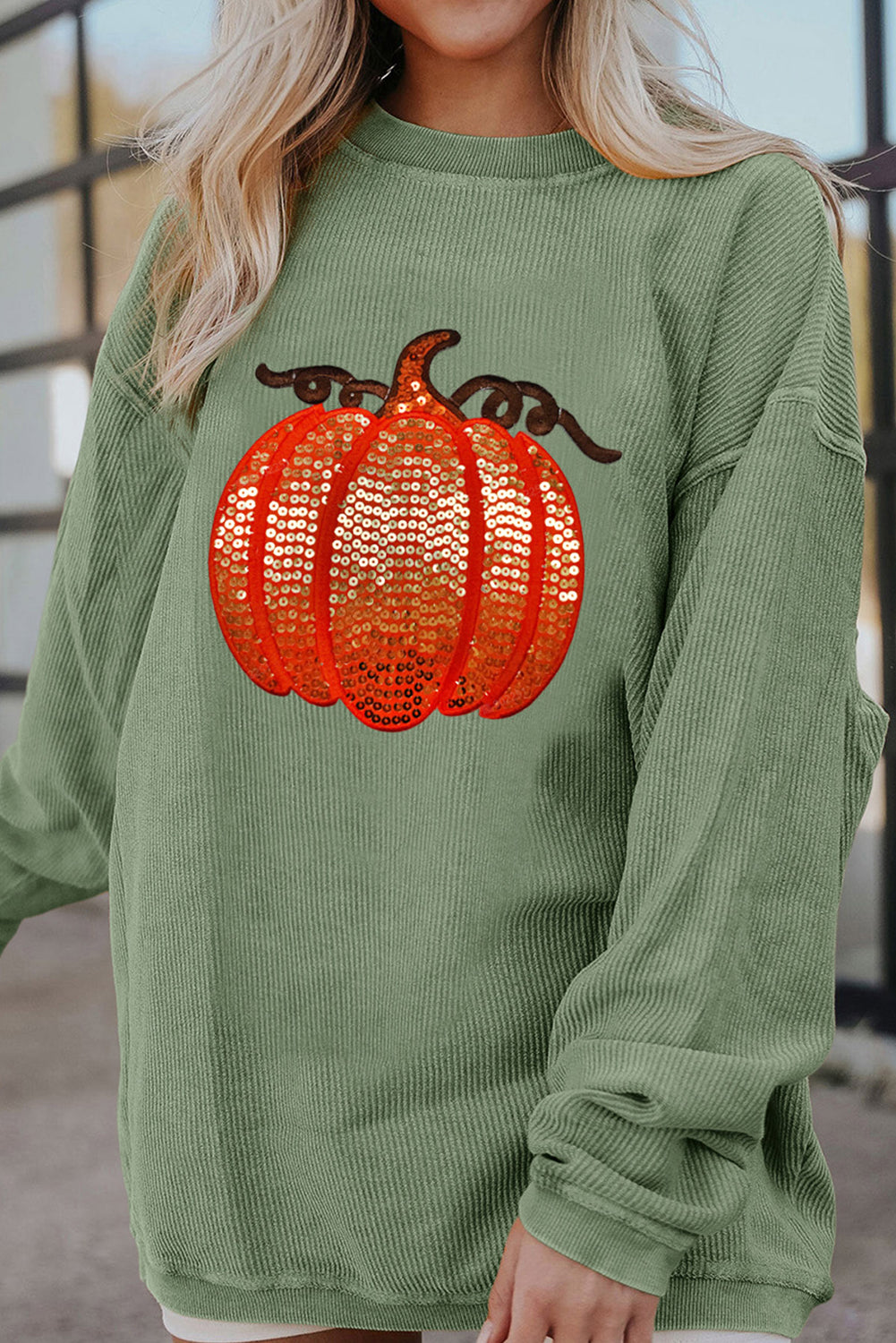 Orange Crinkle Ribbed Halloween Sequin Pumpkin Graphic Sweatshirt