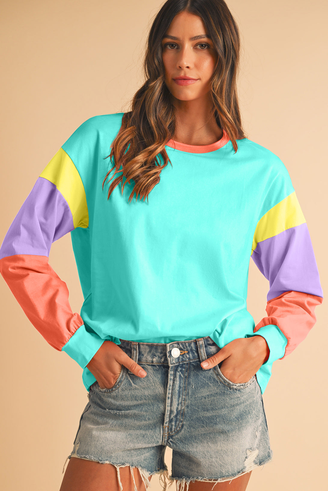 Green Color Block Sleeve Loose Fit Top