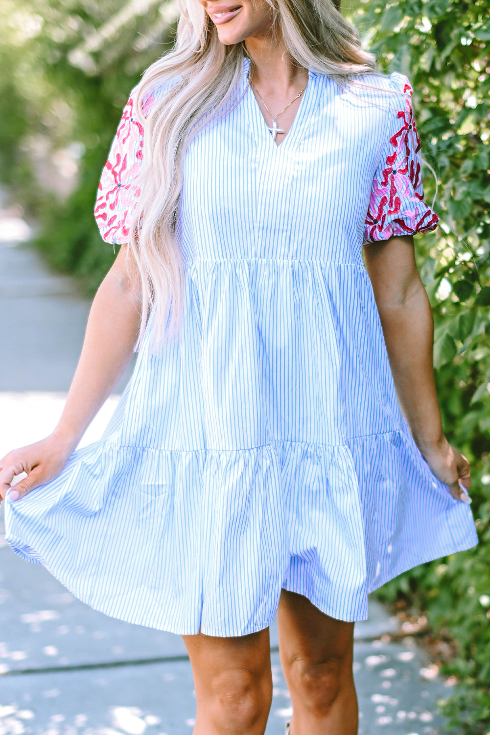 Sky Blue Stripe Floral Puff Sleeve Ruffle Tiered Dress