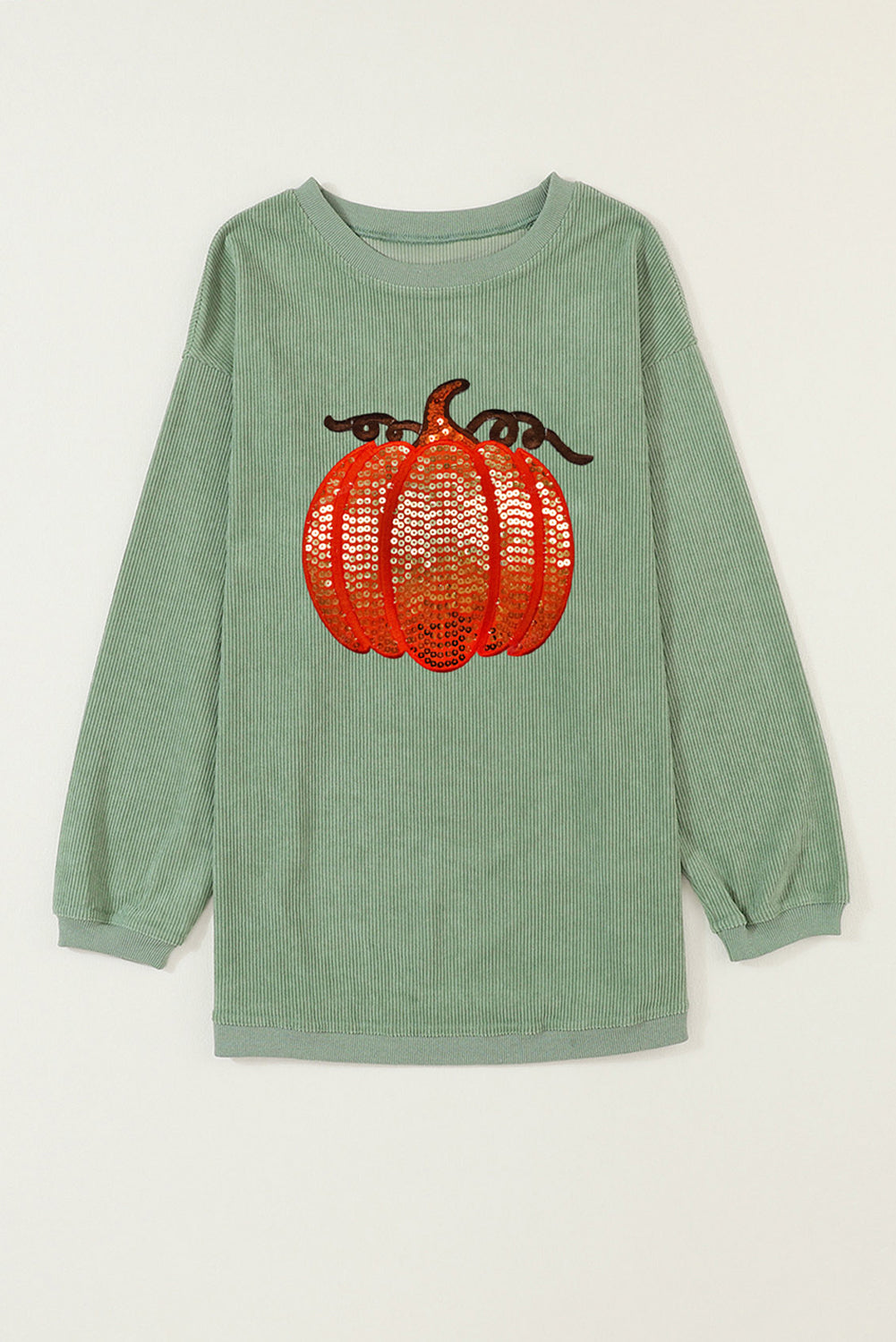 Orange Crinkle Ribbed Halloween Sequin Pumpkin Graphic Sweatshirt