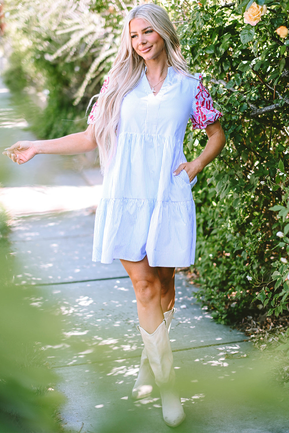Sky Blue Stripe Floral Puff Sleeve Ruffle Tiered Dress