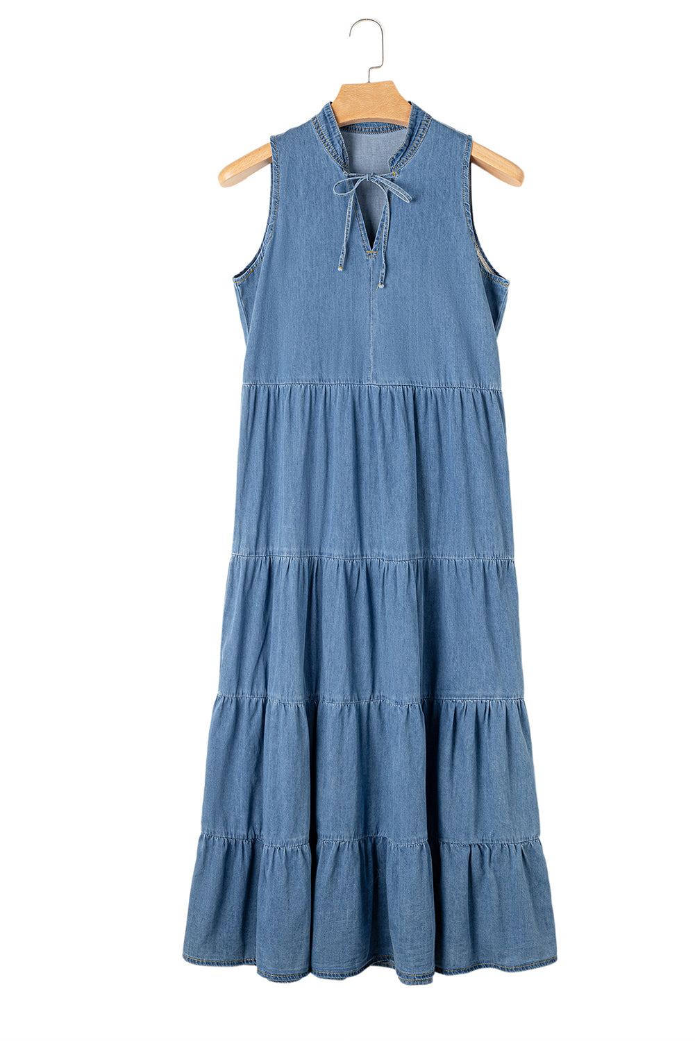 Real Teal Sleeveless Tiered Chambray Maxi Dress