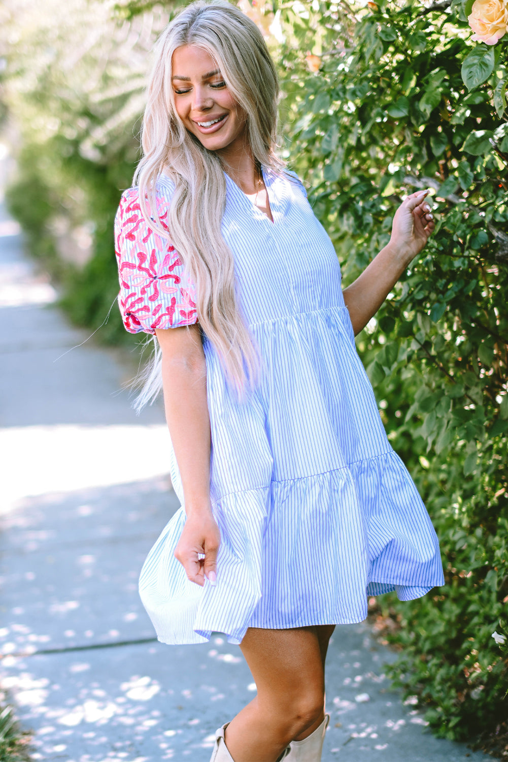 Sky Blue Stripe Floral Puff Sleeve Ruffle Tiered Dress
