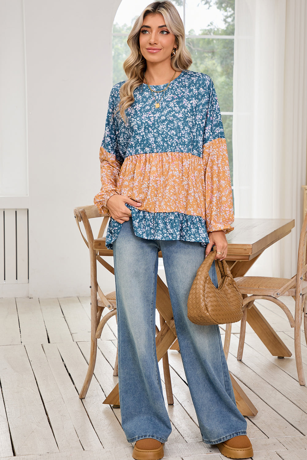 Blue Ditsy Floral Color Block Ruffle Hem Long Sleeve Top