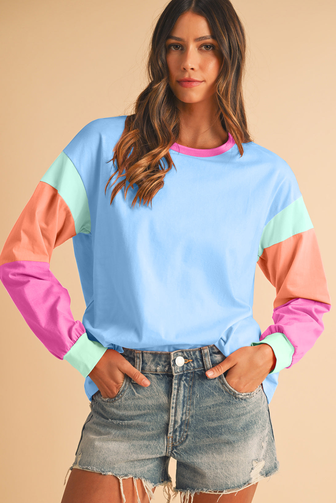 Green Color Block Sleeve Loose Fit Top