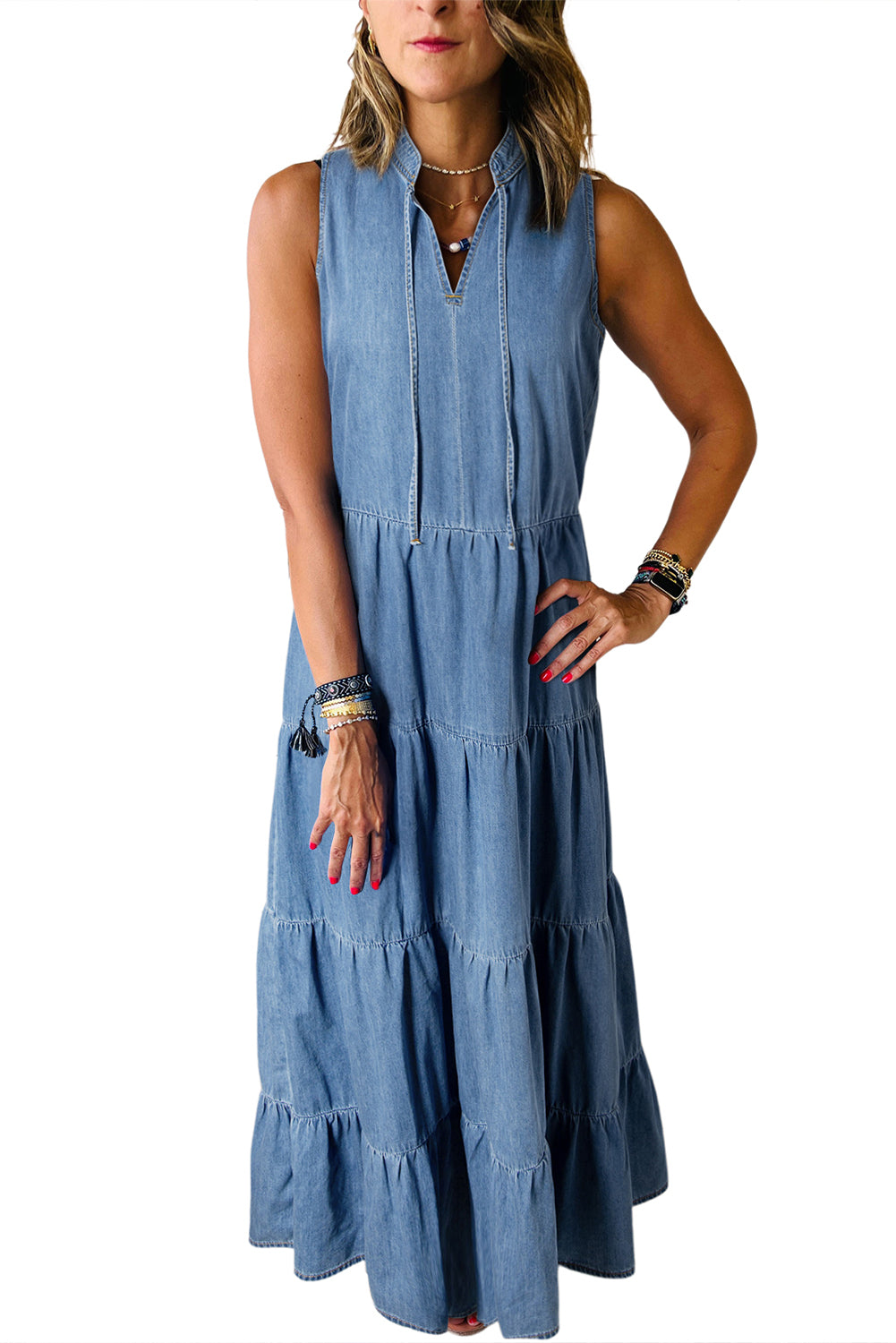 Real Teal Sleeveless Tiered Chambray Maxi Dress