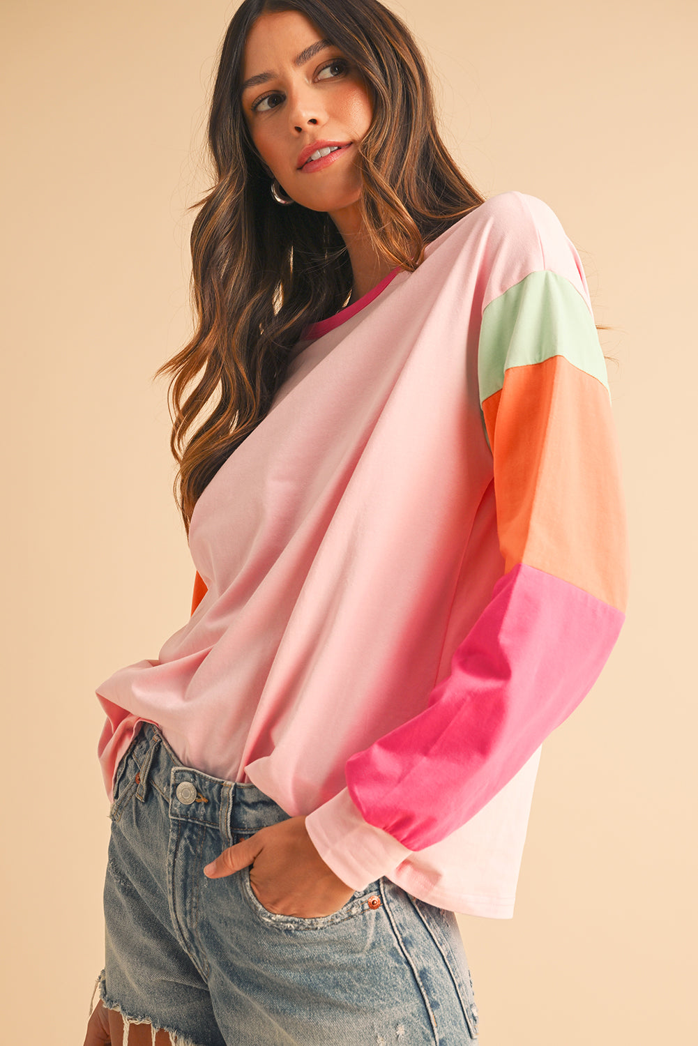 Green Color Block Sleeve Loose Fit Top