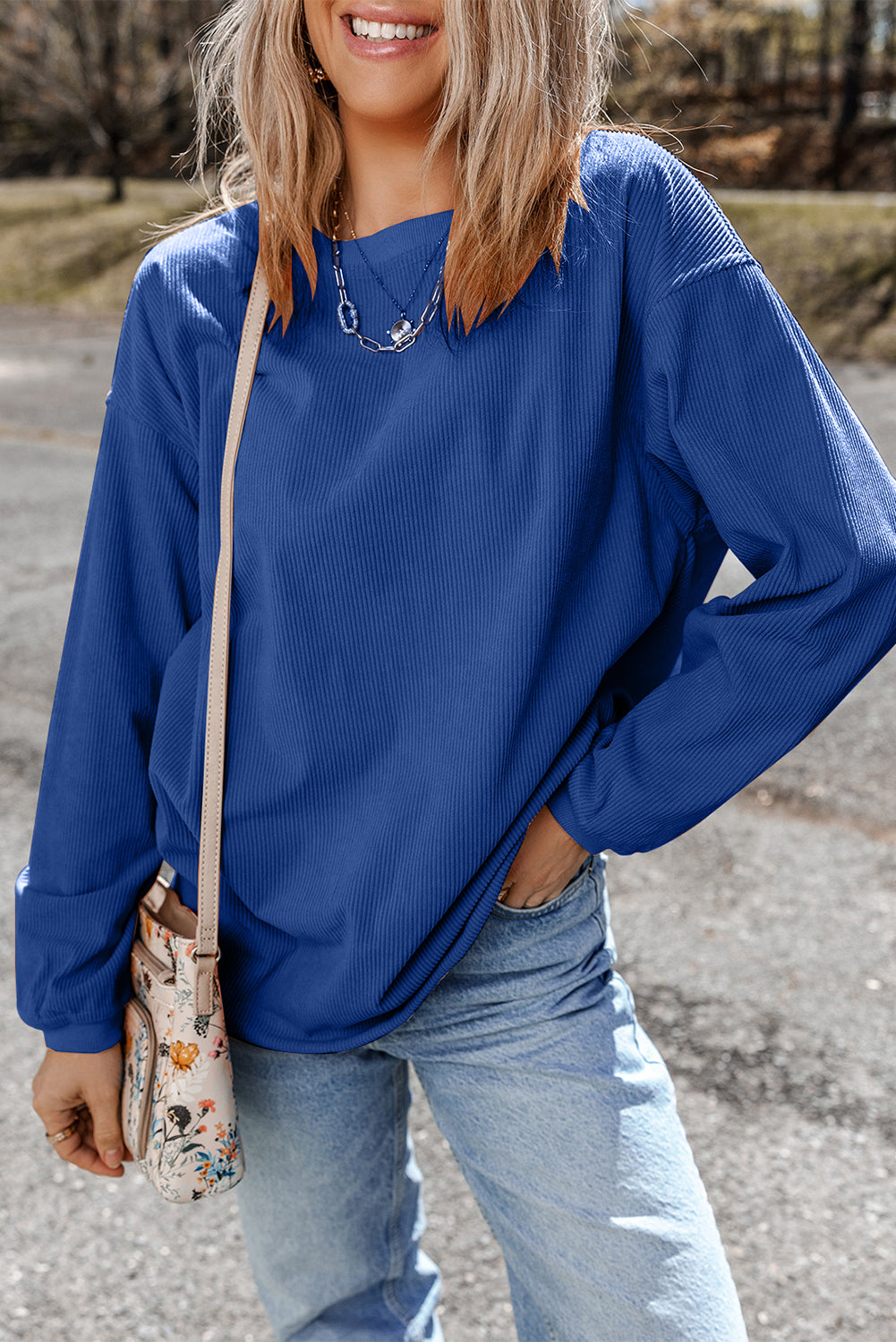 Dark Grey Drop Sleeve Crinkle Rib Oversized Sweatshirt