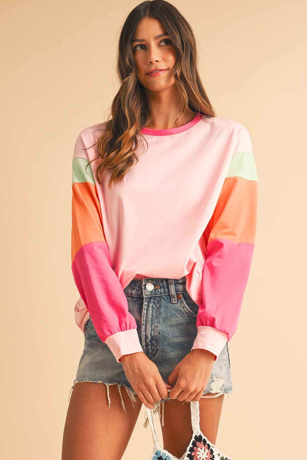 Green Color Block Sleeve Loose Fit Top