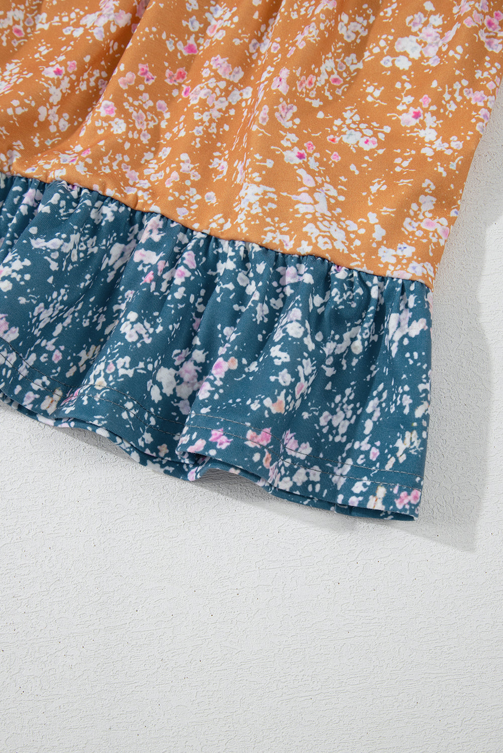 Blue Ditsy Floral Color Block Ruffle Hem Long Sleeve Top