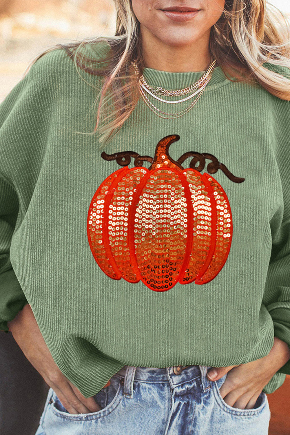 Orange Crinkle Ribbed Halloween Sequin Pumpkin Graphic Sweatshirt