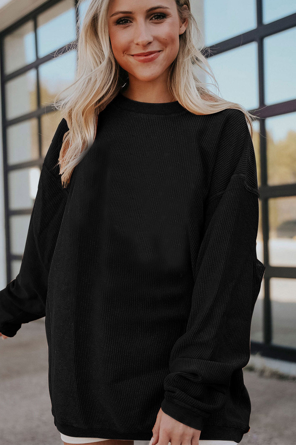Dark Grey Drop Sleeve Crinkle Rib Oversized Sweatshirt