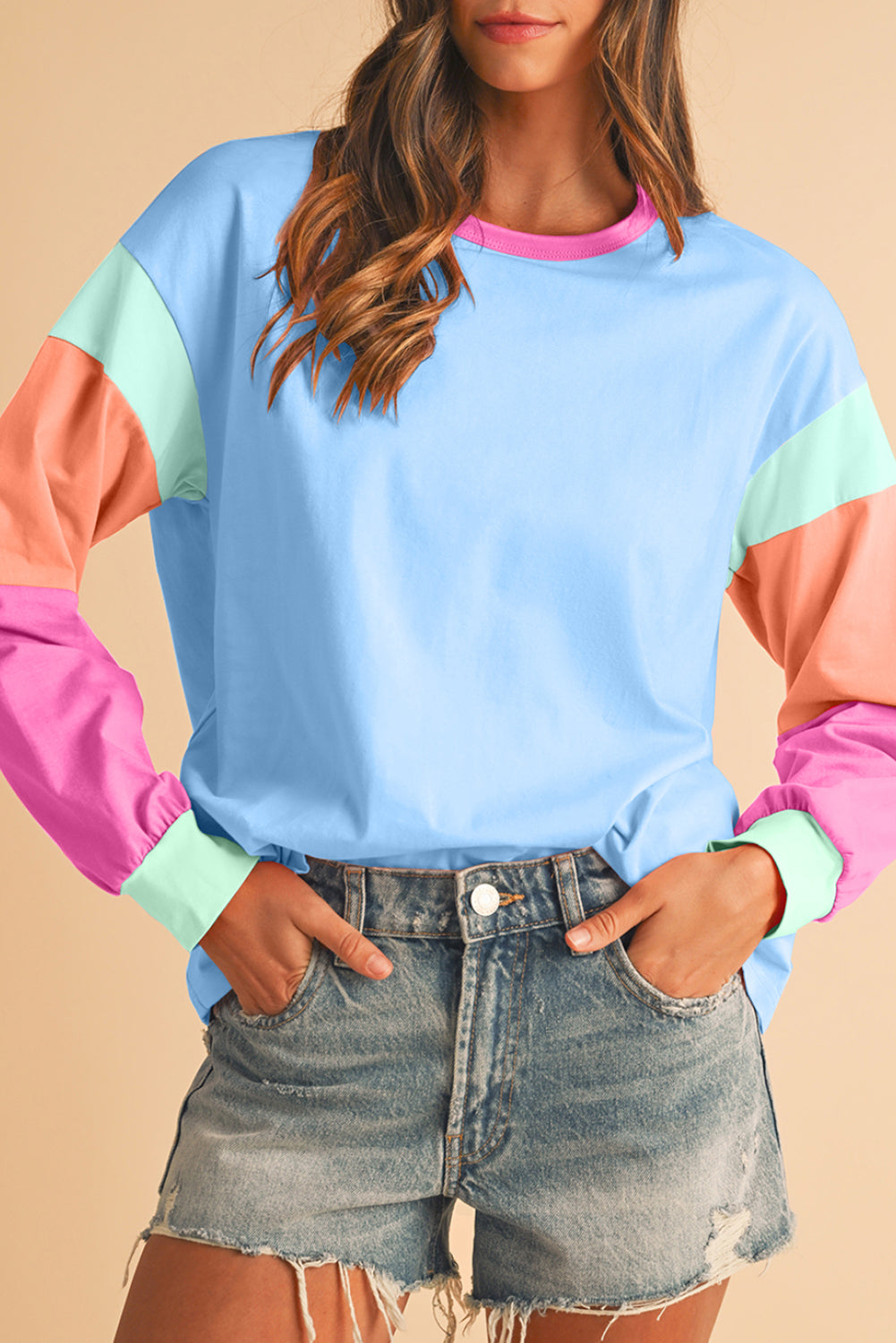 Green Color Block Sleeve Loose Fit Top