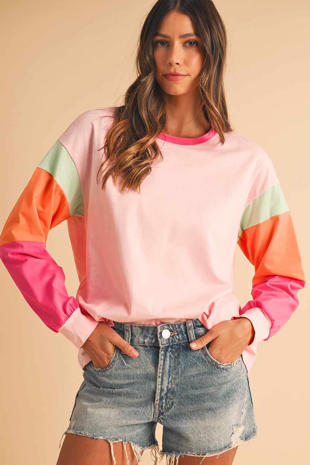 Green Color Block Sleeve Loose Fit Top