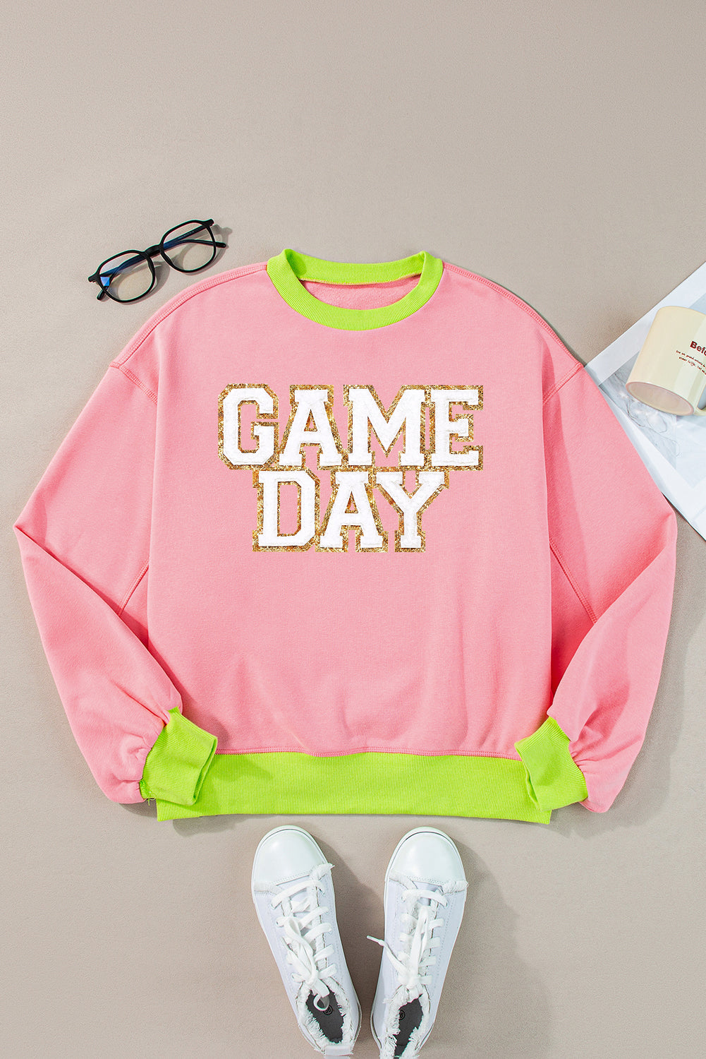 Pink GAME DAY Graphic Color Block Crew Neck Sweatshirt