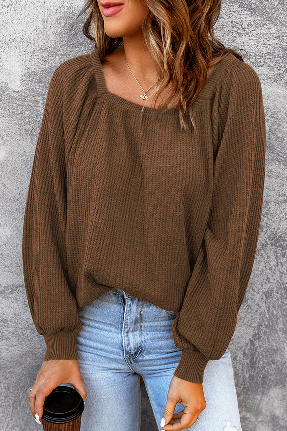 Apricot Waffle Texture Square Neck Pullover Top