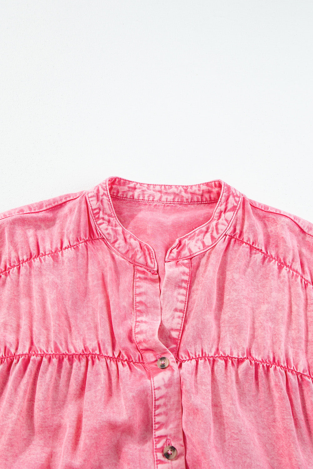 Pink Washed Ruffle Short Sleeve Ruched Denim Mini Dress