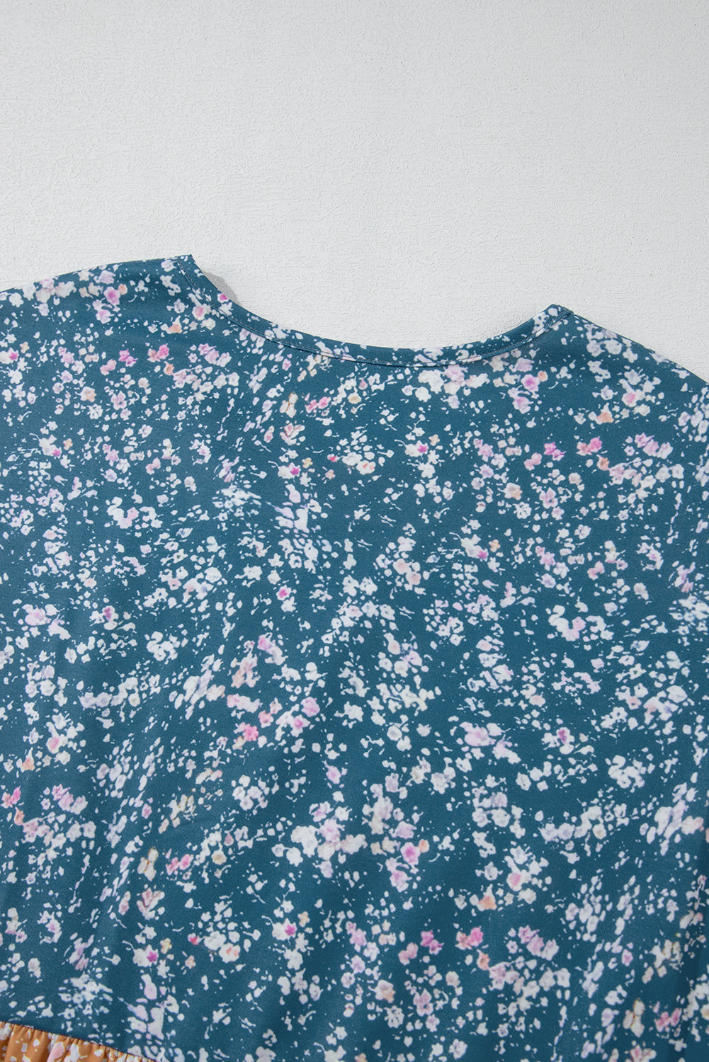 Blue Ditsy Floral Color Block Ruffle Hem Long Sleeve Top