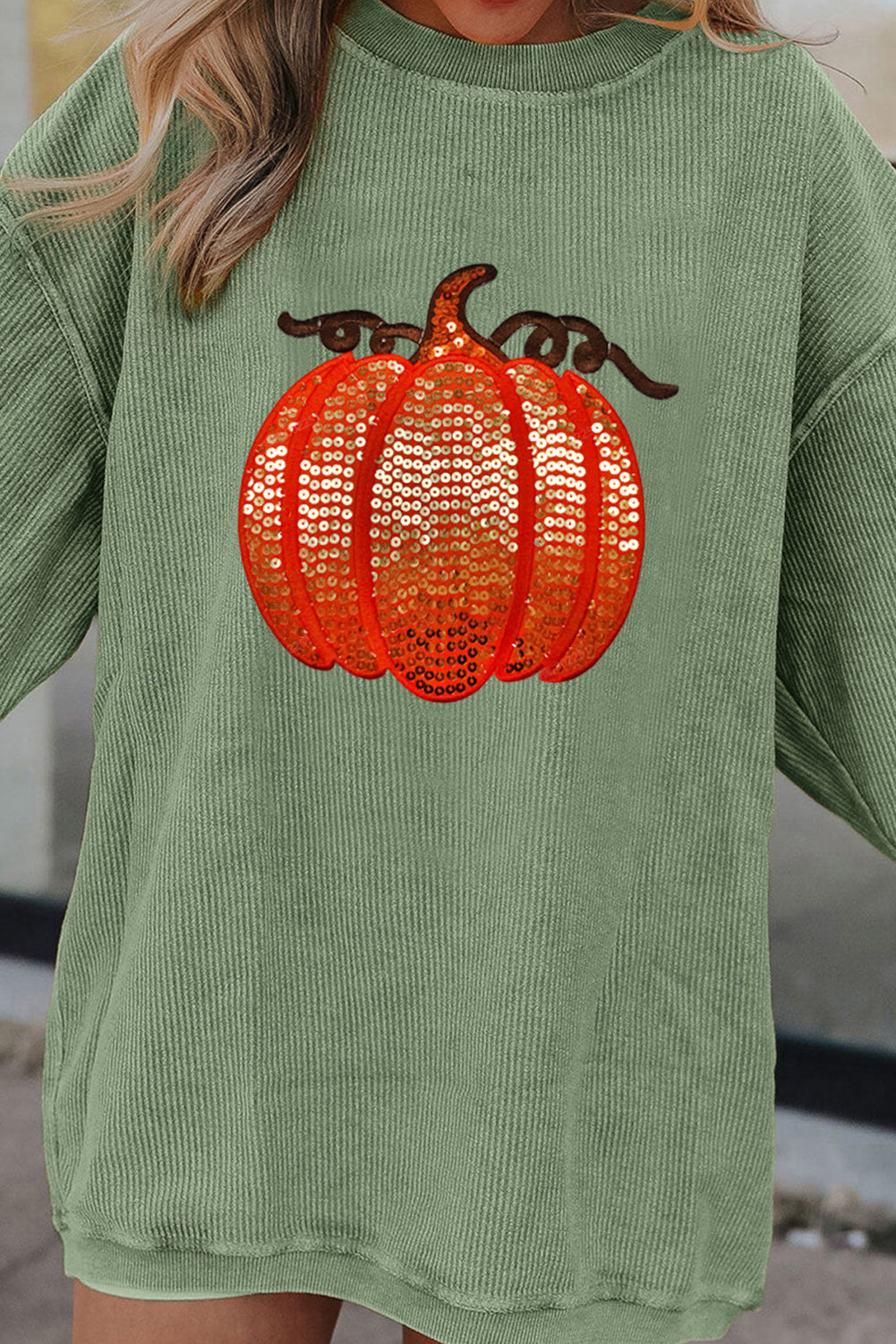 Orange Crinkle Ribbed Halloween Sequin Pumpkin Graphic Sweatshirt