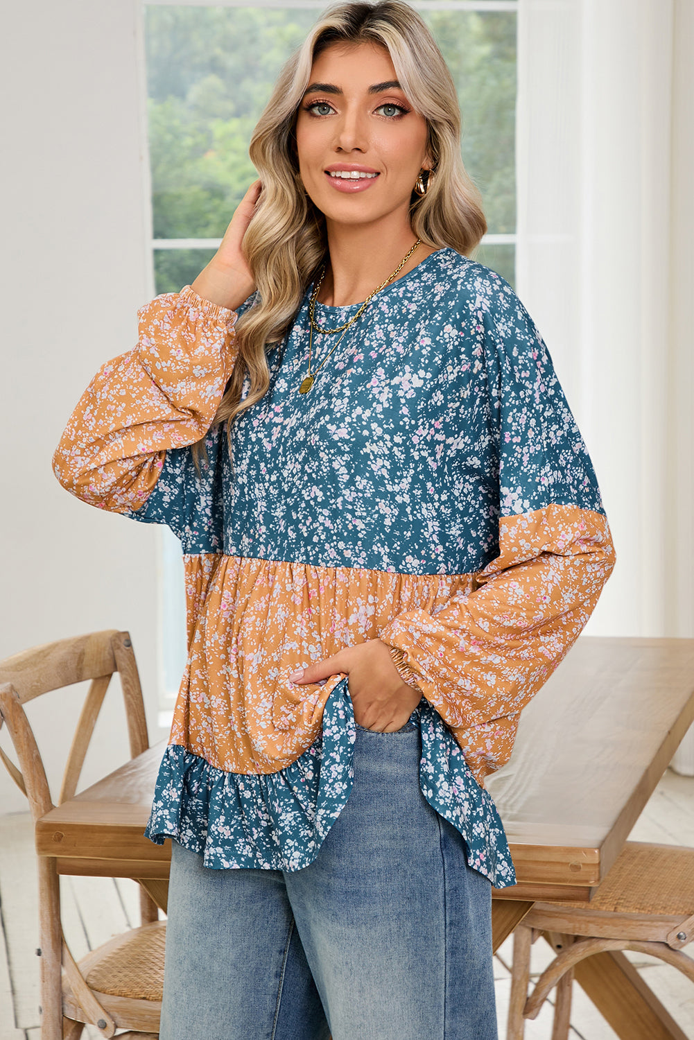 Blue Ditsy Floral Color Block Ruffle Hem Long Sleeve Top