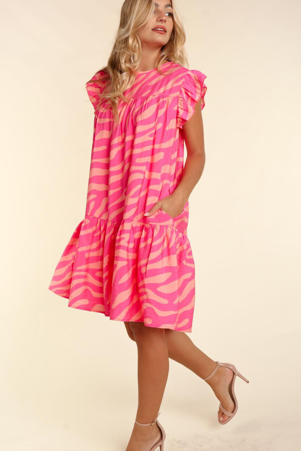 Pink Zebra Stripe Print Ruffle Trim Pocketed Mini Dress