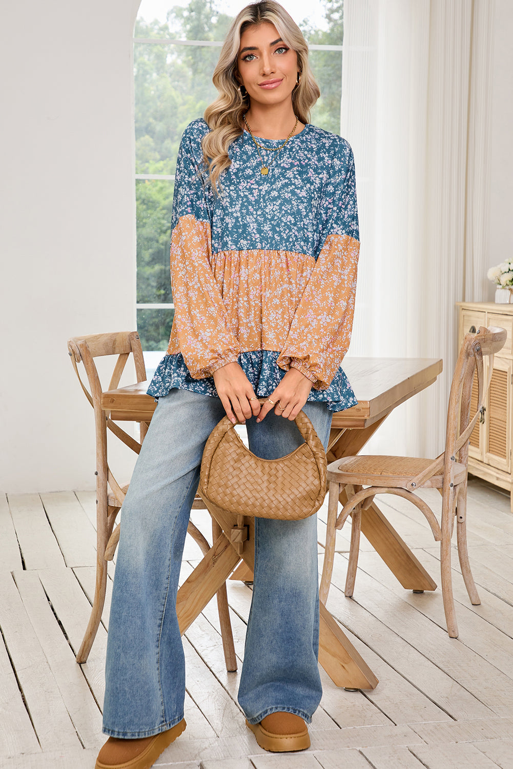 Blue Ditsy Floral Color Block Ruffle Hem Long Sleeve Top