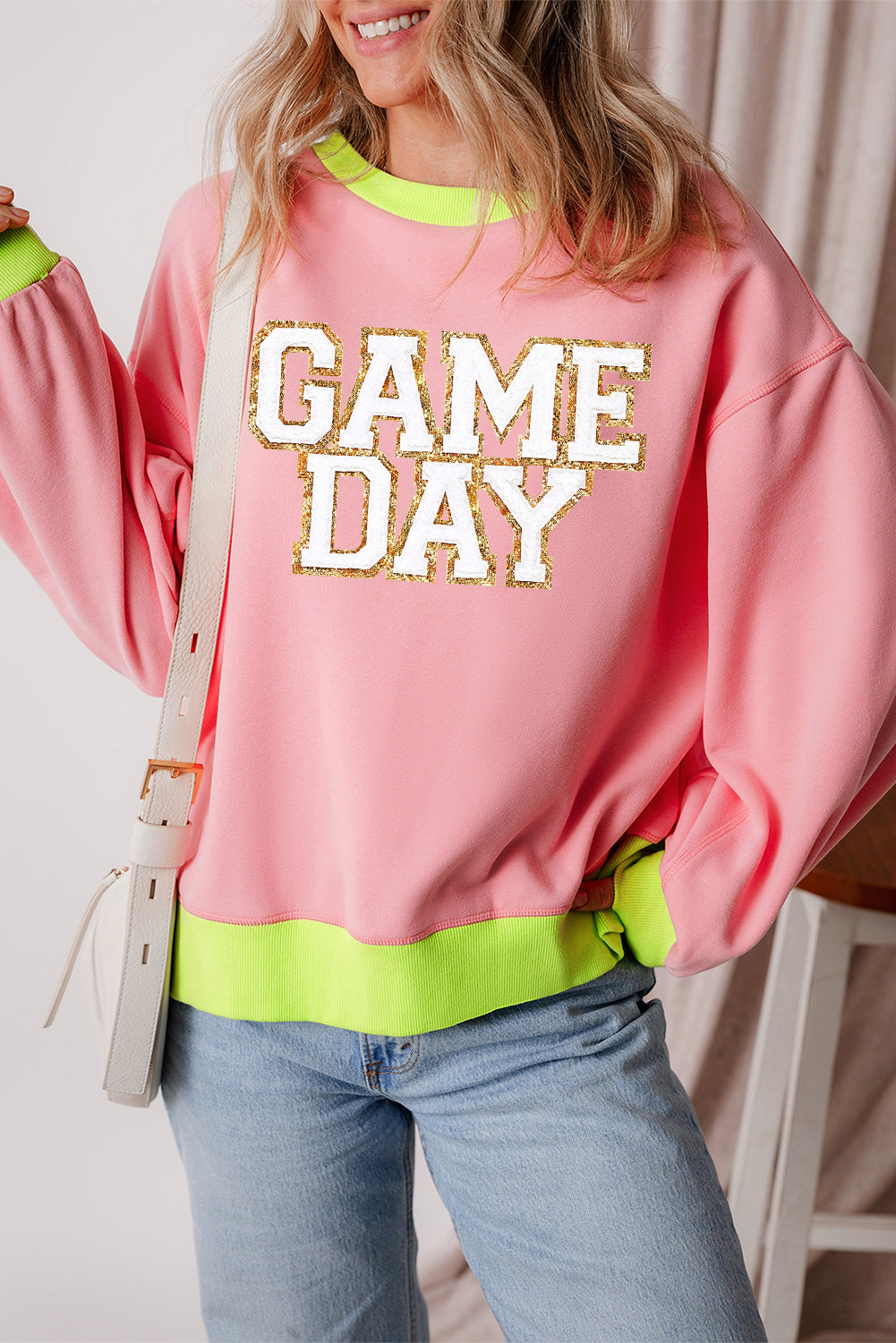 Pink GAME DAY Graphic Color Block Crew Neck Sweatshirt