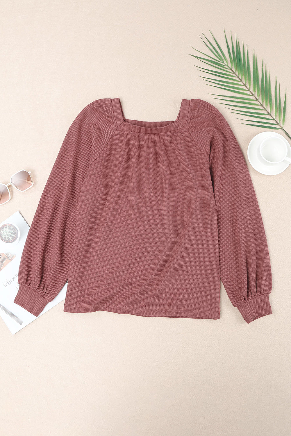 Apricot Waffle Texture Square Neck Pullover Top