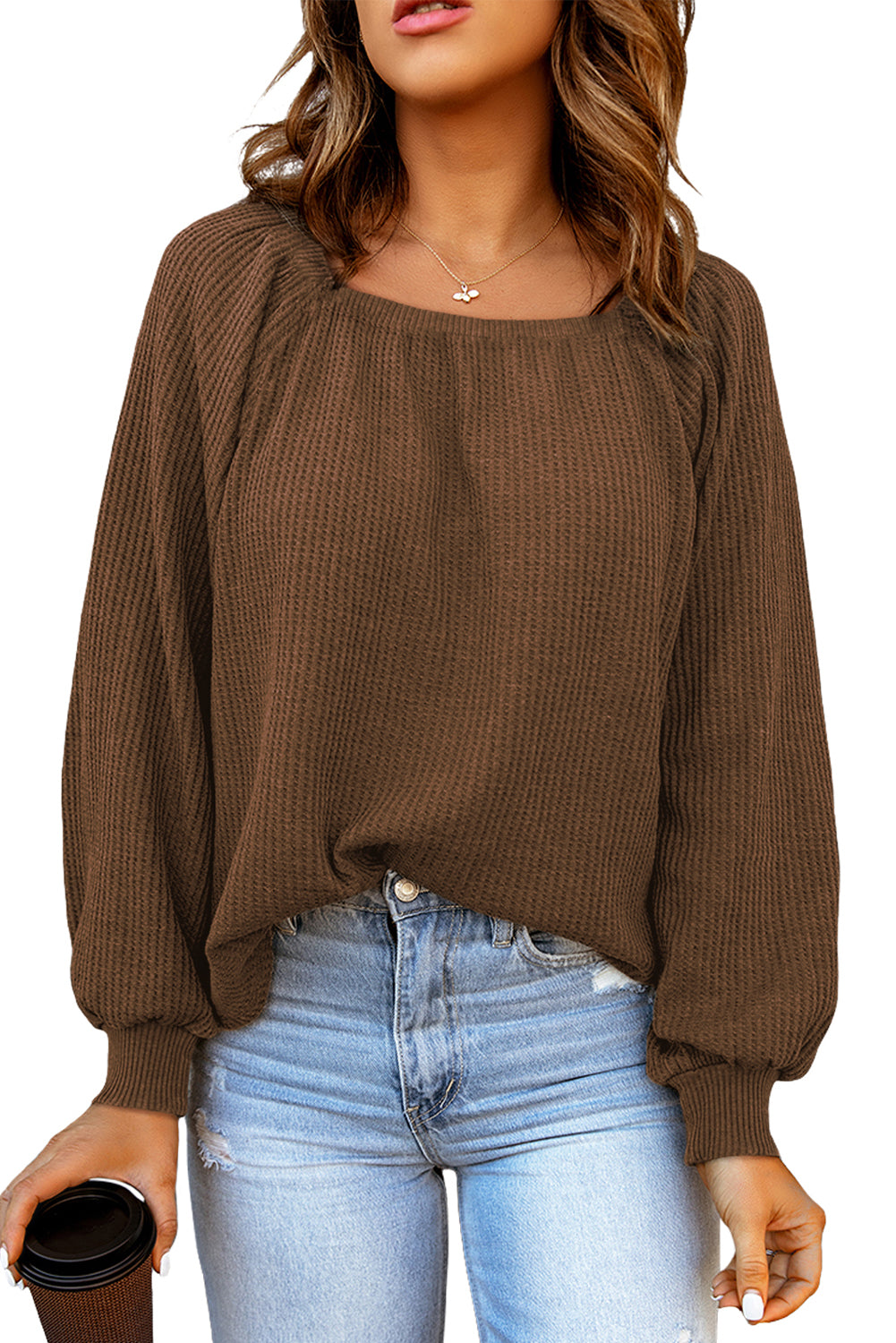 Apricot Waffle Texture Square Neck Pullover Top