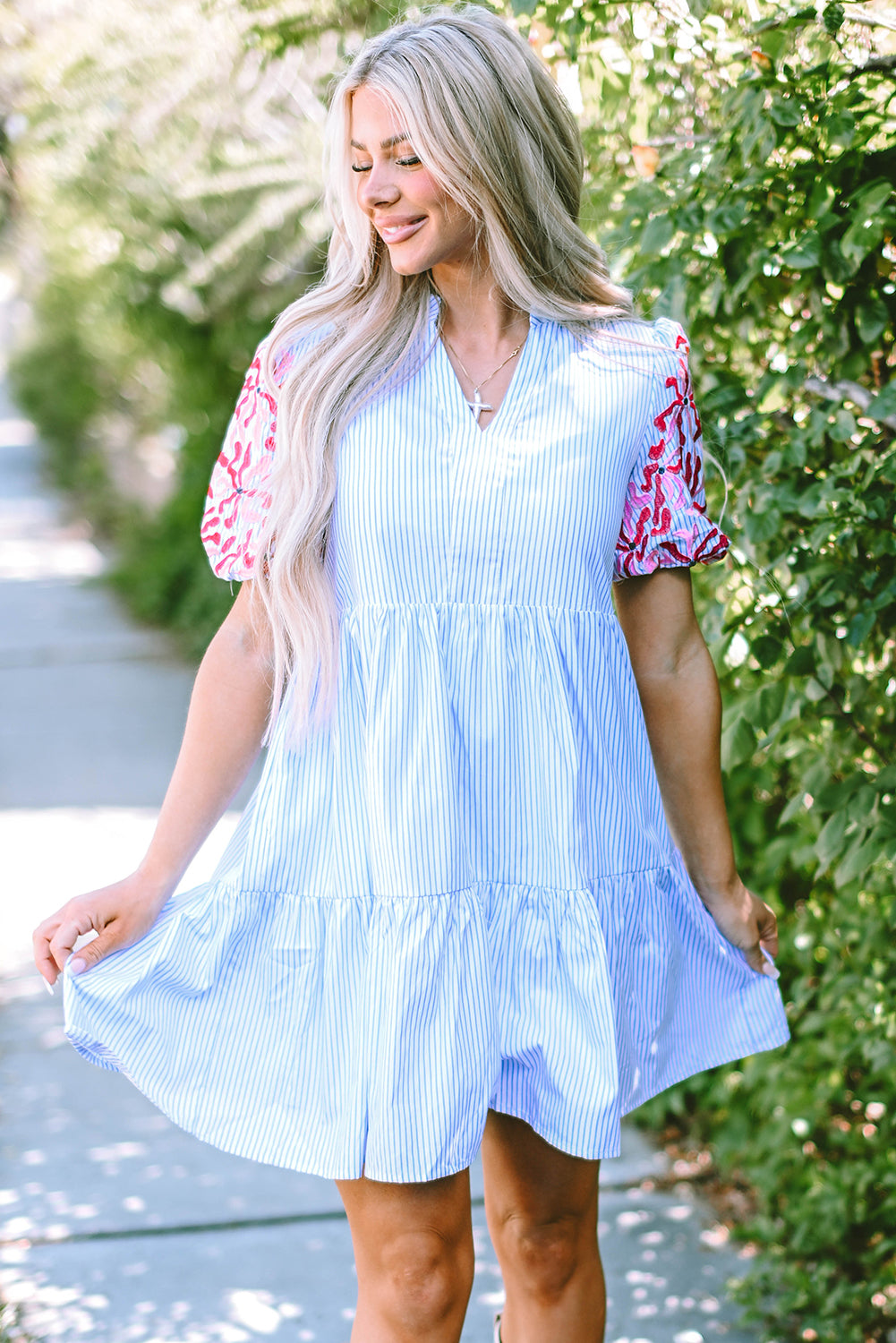 Sky Blue Stripe Floral Puff Sleeve Ruffle Tiered Dress