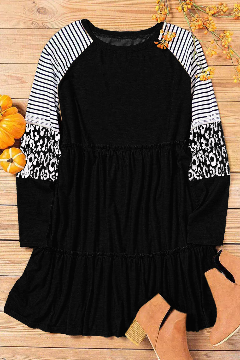 Pink Striped Leopard Patchwork Frill Long Sleeve Short Dress